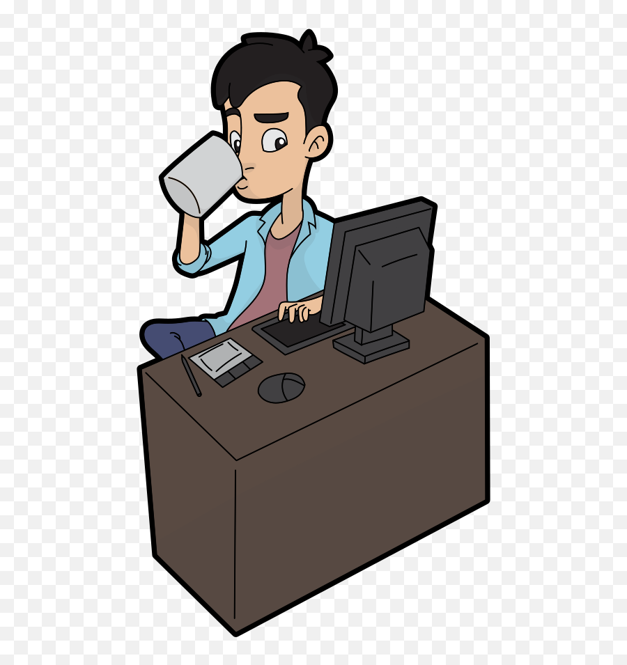Cartoon Guy Drinks While Using A Computer Clipart - Full Guy Using Computer Png Emoji,Computers Clipart