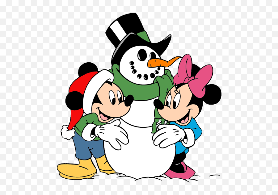 Clip Art Of Mickey And Minnie Mouse Building A Snowman - Disney Winter Clipart Png Emoji,Mickey Mouse Png