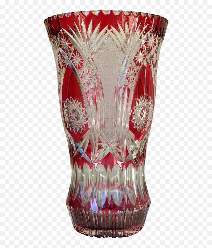 Large Bohemian Cranberry Overlay Cut To Clear Crystal Glass Vase - Serveware Emoji,Transparent Glass