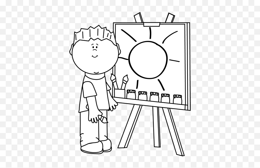 Boy Draw Clipart Black And White - Child Painting Outline Clipart Emoji,Drawing Clipart