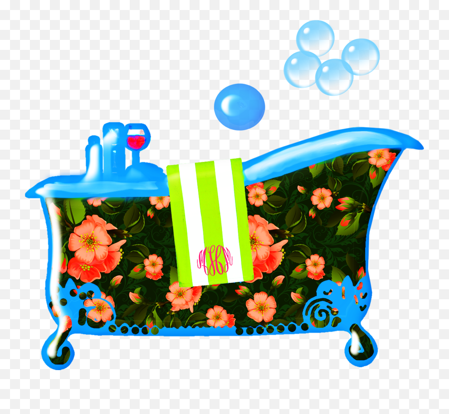 Colorful And Beautiful Patterned Bathtub With Orange Flowers Emoji,Towels Clipart