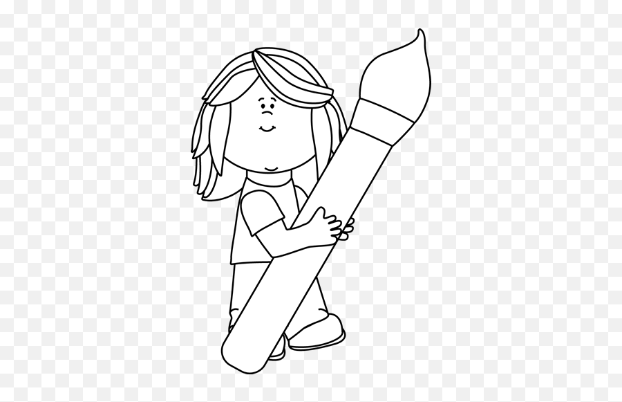 Black And White Girl Holding A Giant Paint Brush Clip Art - Clipart Cute Girl With A Paint Brush Emoji,Paintbrush Clipart